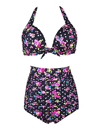 Microcosm Solid Black Elegant Vintage High Waisted Bikini Swimsuits Swimwear