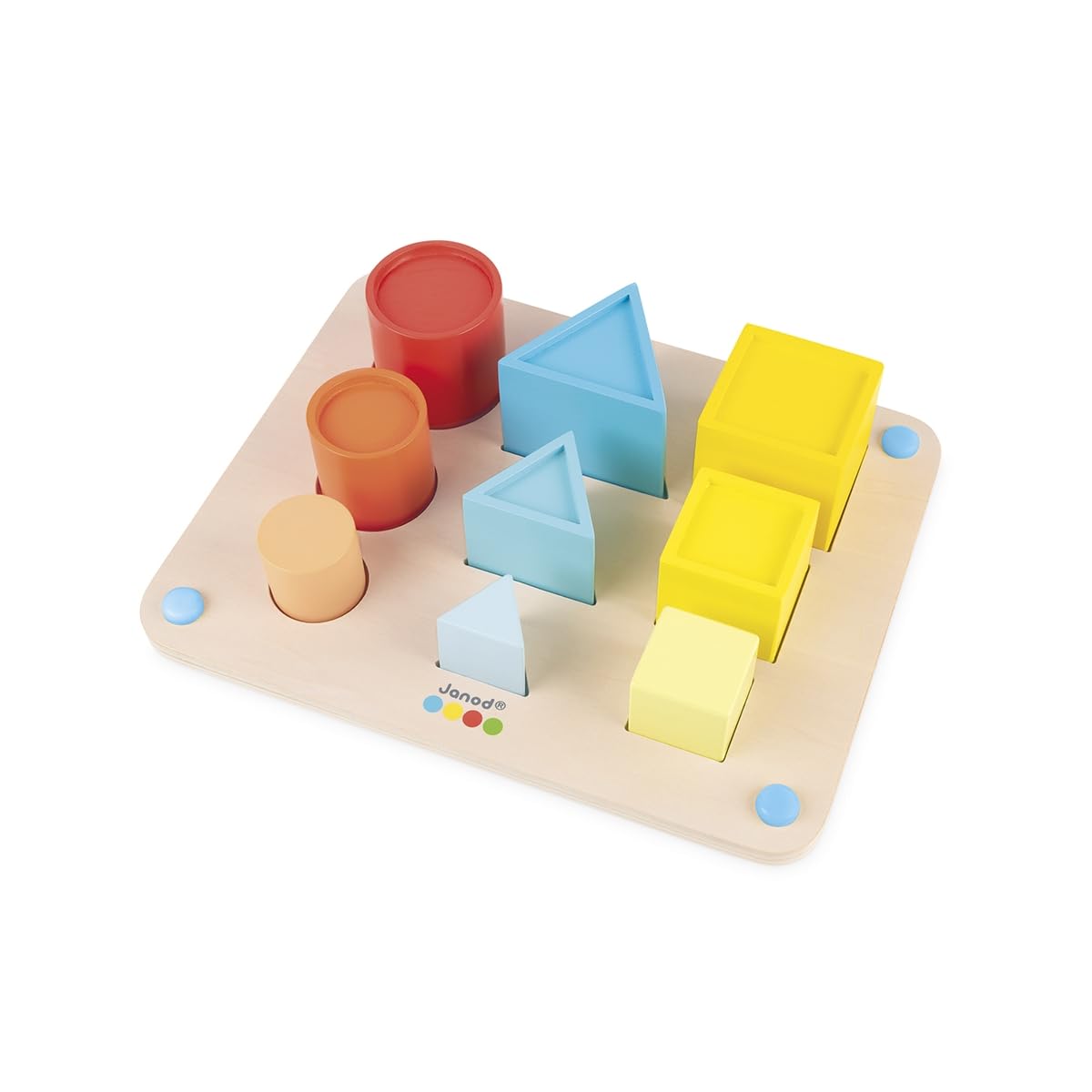 Janod - Essential - Volumes - Wooden Early Learning Educational Game 3-In-1 - Teaches Shapes and COLOR_NAMEs - Water-based Paint - From 18 months - J05062
