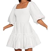 Misng Women Puff Half Sleeve Square Neck Mini Dresses Elastic Waist Elegant Summer Casual Ruffles Dress