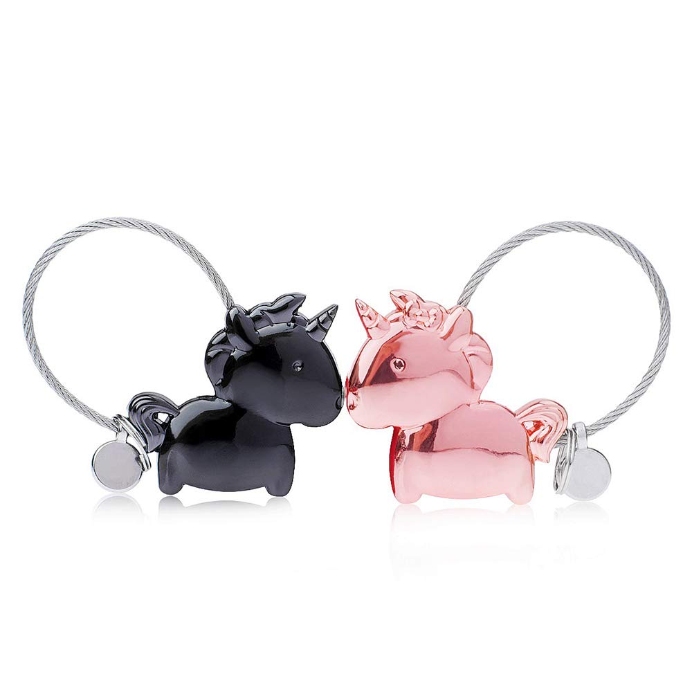 DOJoykey Lover Keyring 1 Pair Unicorn Key Chain with Magnetic Mouth, Zinc Alloy Key Rings Gift for Couple Lover, Sweet Gift for Valentines Day, Birthday, Wedding, Black and Rose Gold Color