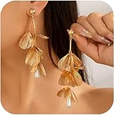 14K Gold Flower Formal Dangle Earrings for Women Vintage Ginkgo Leaf Floral Statement Earrings Exaggerated Silver Pearl Tassel Earrings Jewelry Gifts