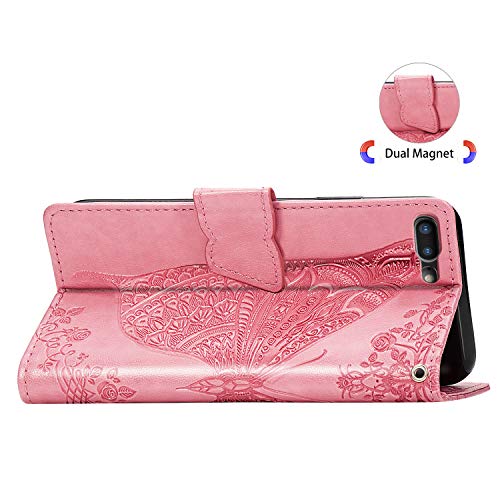 Case for iPhone 8 Plus/7 Plus Cover,Embossing Mandala Butterfly Rose Vine Flip Folio Wallet Case PU Leather Stand Card Slots Case Cover+Dust Plug Stylus for iPhone 8 Plus/7 Plus Wallet Case,White