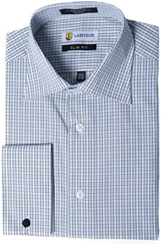 Labiyeur Men's Slim Fit French Cuff Checkered Dress Shirt 17.5 | 36-37 Plaid Green/Black