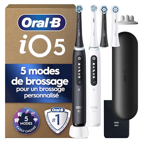 Oral-B Brosses A Dents Electriques Duo iO 5 Noire Et Blanche, 5 Modes De Brossage Dont Blancheur, Capteur De Pression Sur Les Gencives, 4 Brossettes De Rechange Oral B, Etui De Voyage, En Carton
