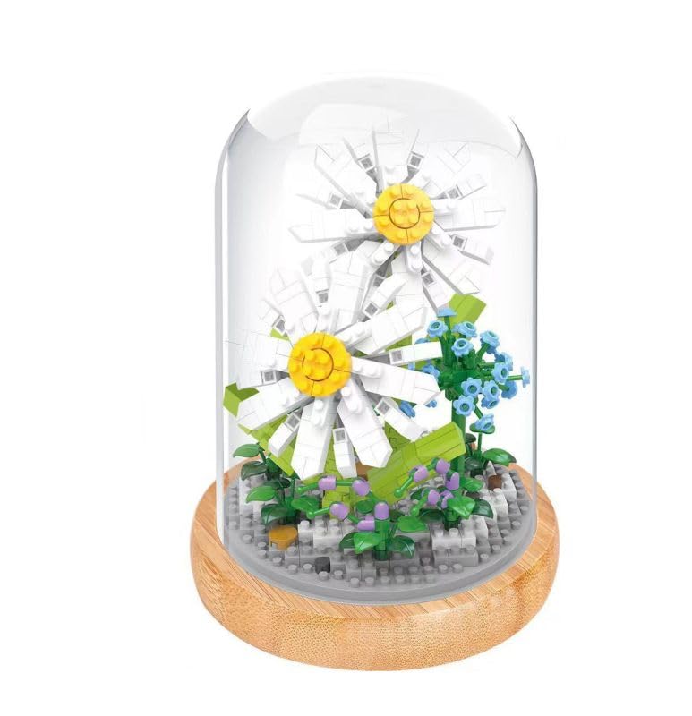 WISEHAWK Kit of miniature blocks to assemble flowers. With wooden stand and dome cover. Daisy