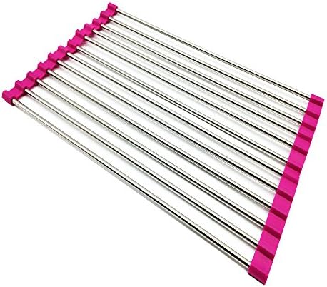 Hyacinthus Kitchen Over the Sink Roll Up Drying Rack Drainer for Dish Cup and Tableware Multifunction Rollable Easy to Storage Stainless Steel with Silicone Mat (14.6 IN, Pink)