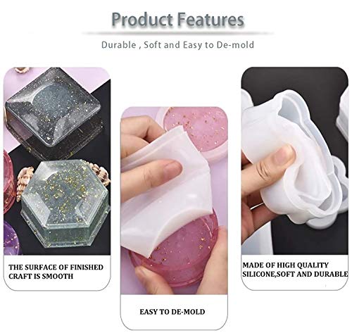4 Pcs Box Resin Molds with lids, Silicone Jewelry Epoxy Mold Sets with Heart Shape, Hexagon, Square and Flower for Storing Earrings, Rings, Coins, Keys or Making Flower Pot, Ashtray, Pen&Candle Holder