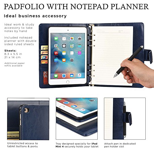 Cooper FOLDERTAB Padfolio Case Compatible with iPad Mini 4 | Business Executive Organizer with Notepad | Vegan Leather, Left Right Handed Binder, Notebook Refill, Pockets | Apple A1538 A1550 (Blue)