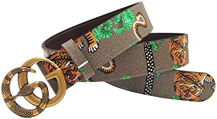 Men's Fashion Leather Embossed Tiger Belt Men's Alloy Retro Snake Buckle Leather Strap (Green Retro, 36"-37")