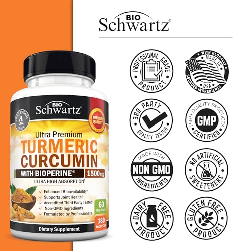 Turmeric Curcumin with Black Pepper Extract 1500mg - High Absorption Ultra Potent Turmeric Supplement with 95% Curcuminoids and BioPerine - Non GMO Tumeric Capsules for Joint Support - 180 Capsules
