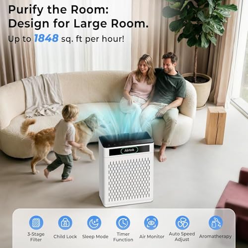 AIRTOK Home Air Purifier 170m² HEPA Filter Removes 99.97% Allergens Smoke Dust Pet Pollen Odor with Air Quality Monitoring PM 2.5 Aromatherapy Washable Filter