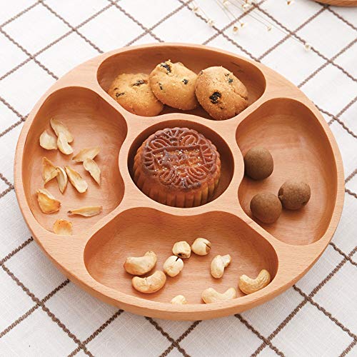Best Wood Divided Serving Tray 11 inch Round Dessert Chip and Dip Dish Sandwich Appetizer Section Plates Compartment Cheese Platter