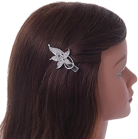 Clear Crystal Butterfly Hair Beak Clip/Concord Clip/Clamp Clip In Silver Tone - 55mm L, silver, white / ivory - Image 3