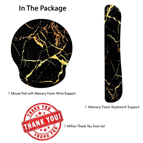 Gold Streak Black Marble Ergonomic Design Mouse Pad with Wrist Rest Hand Support and Keyboard Support. Round Large Mousing Area. Mouse Pad and Keyboard Pad for Laptop, PC Computer & Mac.