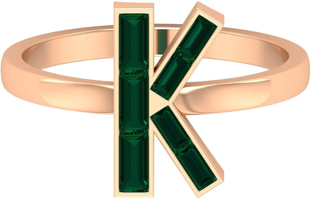 Letter K Ring, 1/2 CT Baguette Cut Green Tourmaline Ring, Initial K