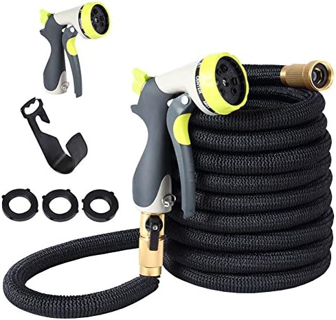 ISUMER 50ft Expandable Garden Hose Double Latex Core Water Hose with 3/4 Solid Brass Fittings Including 8 Way Spray Nozzle and Carrying Bag + Hook(Black)