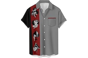 ECOSUNNY Men's Retro Bowling Shirts Hawaiian Beach Shirt Vintage Printed Chest Pocket Shirt Short Sleeve Casual Button Down