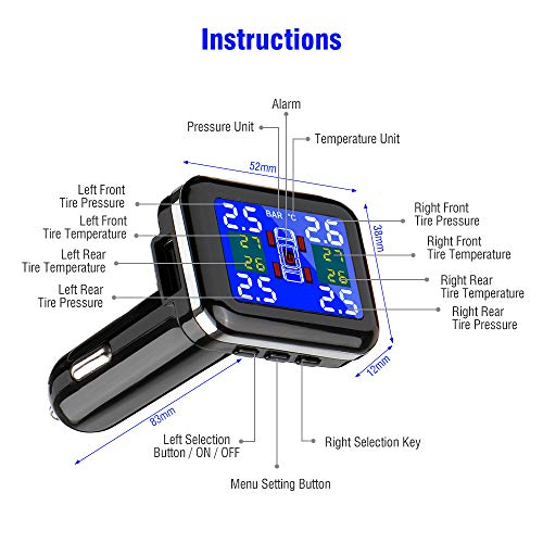 Tsumbay TPMS Car Tire Pressure Monitoring System Wireless Real-time Alarm with 4pcs External Sensors (1.1-3.5 Bar/ 16-51 Psi), Temperature and Pressure LCD Display - Thumbnail 4