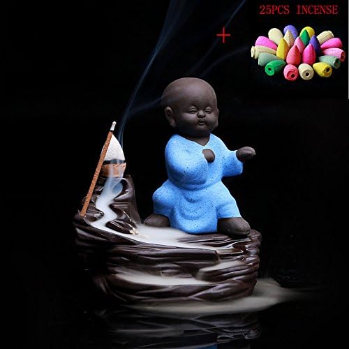 ZEETOON 25pcs Incense and Little Monk Incense Holder Censer Ceramic Yixing Backflow Stick Incense Burner Buddha Purple Clay Pottery Base Creative Home Decor (Blue-B)