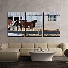 3 Piece Canvas Wall Art - Horses by Barn - Modern Home Art Stretched and Framed Ready to Hang - 16"x24"x3 Panels