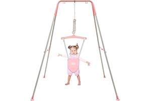 FUNLIO Baby Jumper with Stand for 6-24 Months, Infant Jumper for Indoor/Outdoor Play, Toddler Jumper for Baby Girl/Boy, with Adjustable Chain, Easy to Assemble & Store (with Stand) - Pink