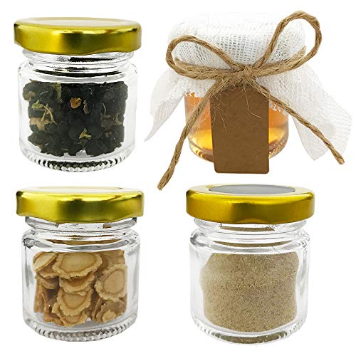 Folinstall 30 Pcs 1.5 oz Glass Jars with Gold Lids, Mini Mason Jars for Gifts, Crafts, Wedding, Spice, Extra 15 Silver Lids, Chalkboard Labels, Tags String and 30 Disposable Wooden Spoons Included