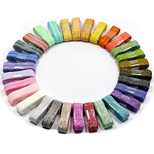 MorningRising Glitter Metallic Fold Over Elastic Stretch FOE Elastics For Hair Tie - 32 Yards - 5/8 Inch Wide - 1 Yard Each Solid Color - Variety Color Headband Elastic Pack