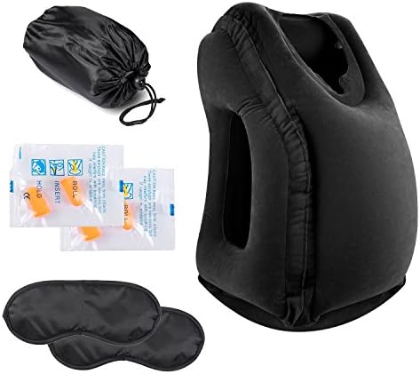 [NEWEST VERSION] - 6 in 1 Set Travel Pillow Inflatable For Airplanes, Portable Office Napping, eyes mask, ear plugs with case cover (Black)