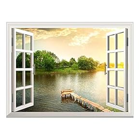 Removable Wall Sticker/Wall Mural - A Small Wood Pier for Fishing at a River | Creative Window View Wall Decor - 24"x32"