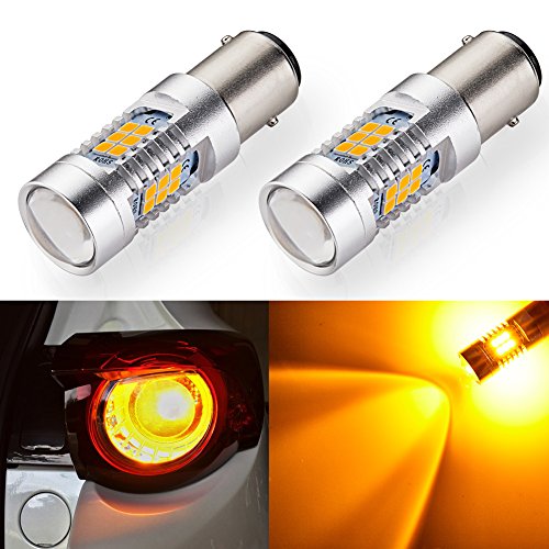 ENDPAGE 1157 2357 2057 7528 BAY15D LED Bulb 2-pack, Amber Yellow, Extremely Bright, 21-SMD with Projector Lens, 12-24V, Works as Turn Signal Blinker Lights