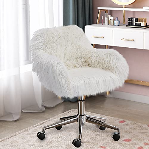 SSLine Elegant Faux Fur Office Chair Dressing Chair,Modern White Cute Accent Armchair Desk Chair 