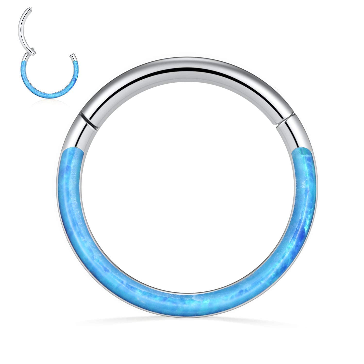 hengkaixuan 16G Blue Opal Nose Rings Septum Clicker 316L Surgical Steel Segment Helix Cartilage Earrings Hoop Daith Piercing Jewellery 8mm