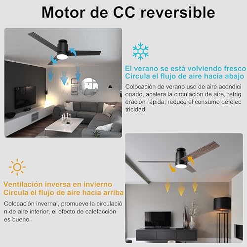 Ohniyou Ventilador de techo de 52 pulgadas con luz y mando a distancia, 6 velocidades, 3 temperaturas de color regulable LED ventilador de techo para uso en interiores al aire libre (Negro)
