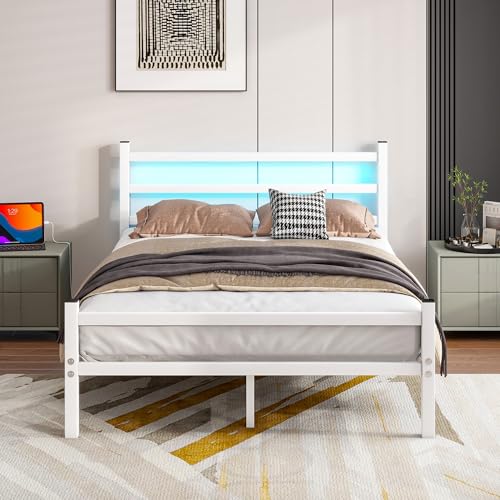 Maliacife Full Bed Frame with Headboard and Footboard,Metal Platform Double Bed Frame with Charging Station and LED, Steel Slats Mattress Foundation, No Box Spring Needed,Noise Free,White
