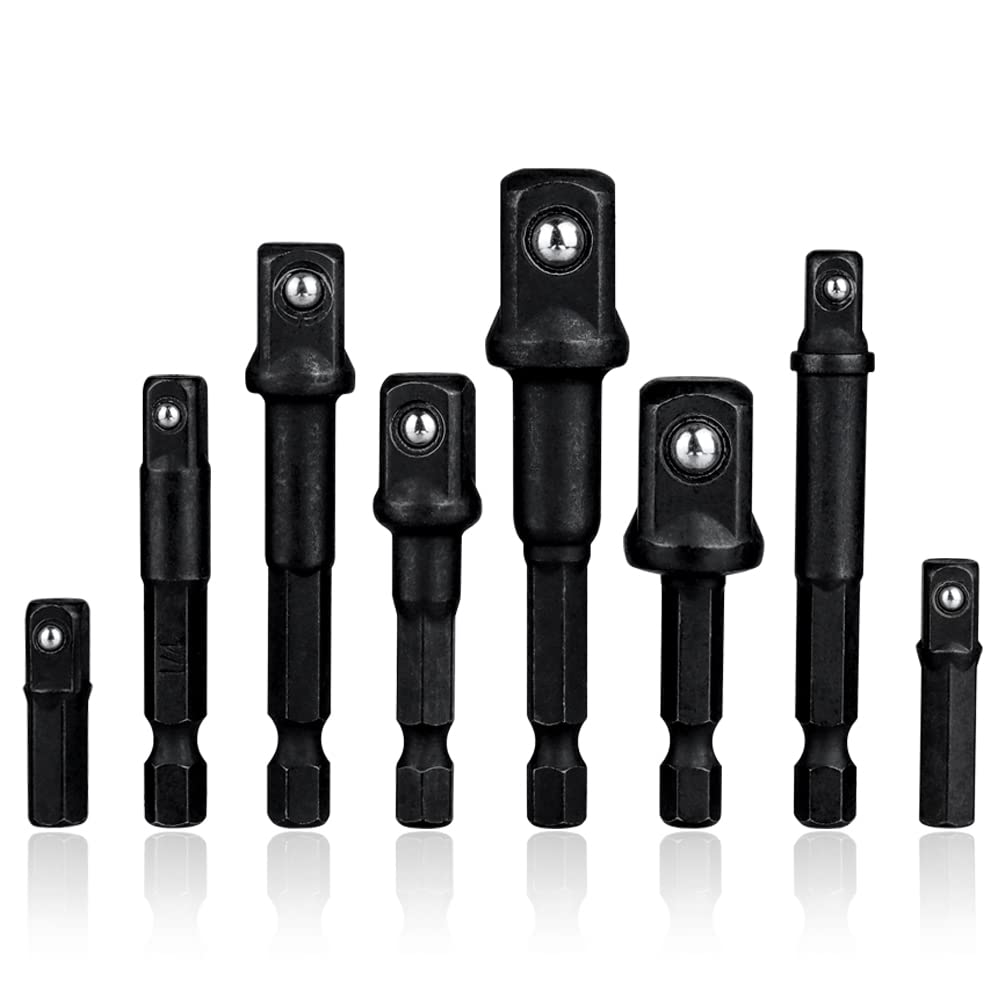 Mesee 8 Pieces Impact Grade Socket Adapter Set, CR-V Quick Change Ratchet Wrench Extension Bar 1/4" Hex Shank to 1/4" 3/8" 1/2" Square Drive Drill Bits Bar Extension Set