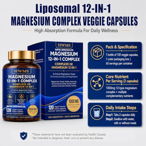 Magnesium Complex 1000mg 12 in 1 Magnesium Supplement with Glycinate Citrate Malate Oxide Taurate Aspartate Orotate Magnesium Relaxation,Muscle, Vegan 120 Capsules
