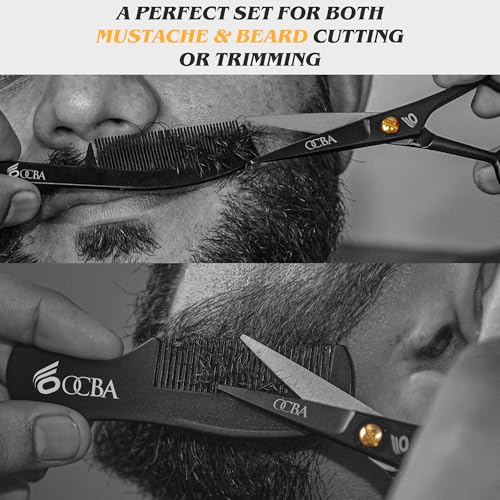 OCBA Beard Scissors, Professional Moustache Scissors, Ear Nose Hair Cutting Scissors Stainless Steel, Safe Use for Eyebrows (Black)