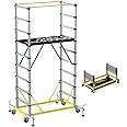 APARECIUM Aluminum Scaffold Tower, Multipurpose Rolling Scaffolding Work Platform, Utility Scaffolding Tower, Adjustable Work Platform with Hatch Deck and Guard Rail, 500 Lbs Duty Rate