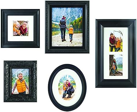 Gallery Perfect 5 Piece Black Photo Frame Wall Gallery Kit. Includes: Frames, Wall Template, Decorative Art Prints and Hanging Hardware
