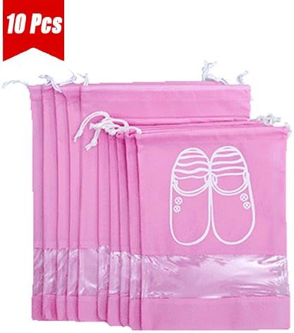 UQueen 10 pcs Travel Transparent Dustproof Non-woven Fabrics Drawstring Multifunctional Shoe Storage Bag Case Organizer with Visual Window(5 Large Size + 5 Medium Size,Pink)