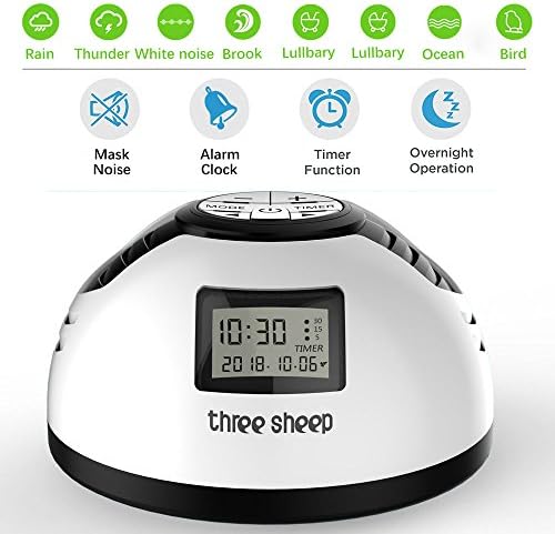 three sheep White Noise Machine, Nature Sound Sleep Therapy Machine, with 8 Soothing Sound, Timer and Alarm Clock, Plug in or Battery for Using Indoor Relaxation or Outdoor Travel
