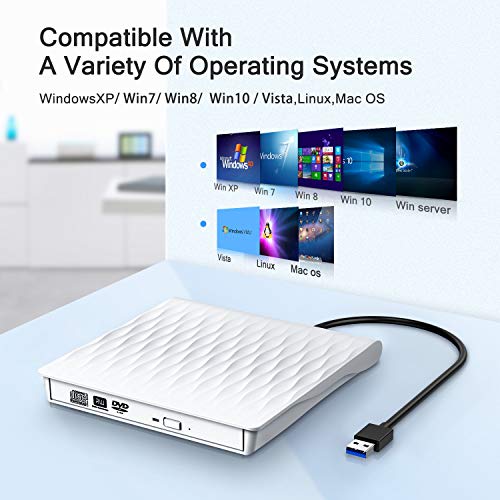 External CD DVD Drive, DUSASA USB 3.0 USB C Dual Port Slim Portable External CD DVD Rewriter Burner Writer,High Speed Data Transfer USB Optical Drives for Laptop/Macbook/Desktop/Win10/8/7 (White) - Thumbnail 3