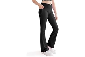 Nutyomi Girls Flare Leggings Cross High Waisted Yoga Dance Pants Kids Bell Bottom Pants with Pockets 5-13 Years