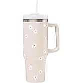 Santa Barbara Design Studio Insulated Tumbler with Handle and Straw Vacuum Sealed Stainless Steel Travel Mug, 40-Ounce, White Flowers