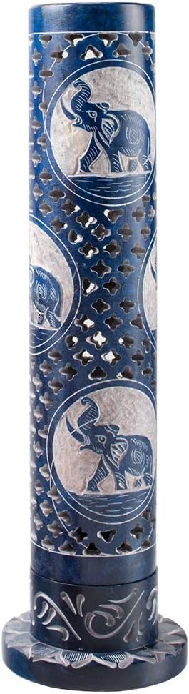 Hand Carved Blue SOAPSTONE Elephant Incense Tower Joss Stick Holder Handmade Fair Trade 27cm