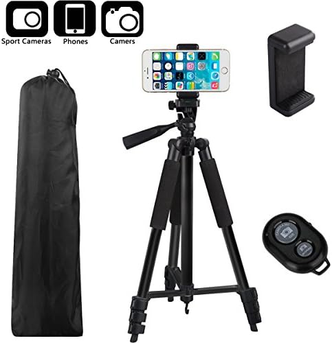 BestTrendy 42-inch Portable Aluminum Camera Tripod, Lightweight Travel Cellphone Mount Stand with Bag, Bluetooth Remote Control for DSLR Cameras, iPhone, Samsung, Gopro (Black)