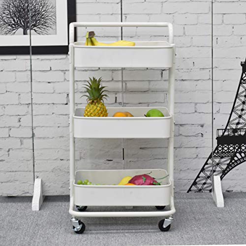 Iris'Home 3-Tier Metal Rolling Utility Cart with Handles, Art Storage Cart, Makeup Cart with Wheels, Lash Cart Organizer, Book Cart, Bathroom Cart, White