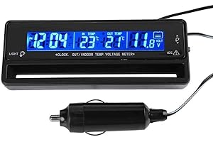 Riloer Car Auto Thermometer Temperature Voltmeter Gauge Voltage Meter Monitor LCD Digital Display Clock with Cigarette Lighter Car Charger