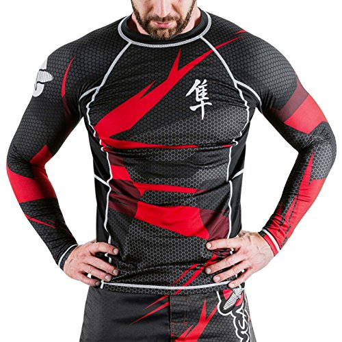 Hayabusa Metaru 47 Silver Long Sleeve BJJ Rash Guards (Black/Red, S)