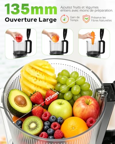 WIE Extracteur de Jus Slow Juicer Goulotte Large 135 mm pour Fruits et Légumes Entiers Moteur 300W Grande Capacité 2.6 L Presse à Froid Silencieuse